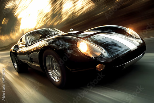 3D Illustration- Classic Sports Car Speeding Down Road at Sunset