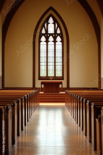 Empty church pews lead to altar and stained glass window.