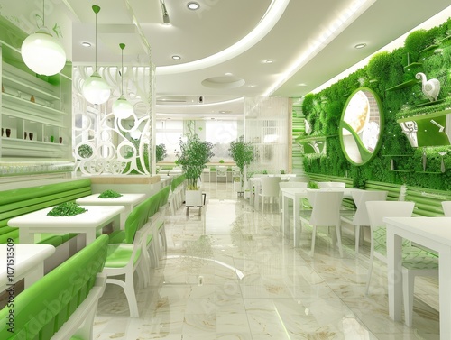 Bright and sustainable design defines this eco-friendly cafe with green accents and dynamic lines photo