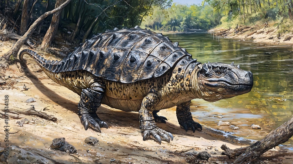 Fototapeta premium Discover the unique characteristics of euoplocephalus standing by the riverbank with its remarkable armor and features