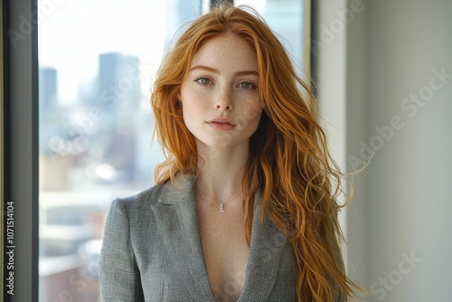 Free Download Redhead woman with freckles in a blazer looking at the camera - GFXLoad