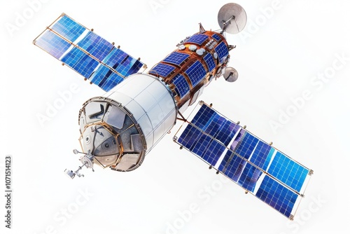 Orbital artificial earth satellite with blue solar panels on the sides surface probing isolated on white background