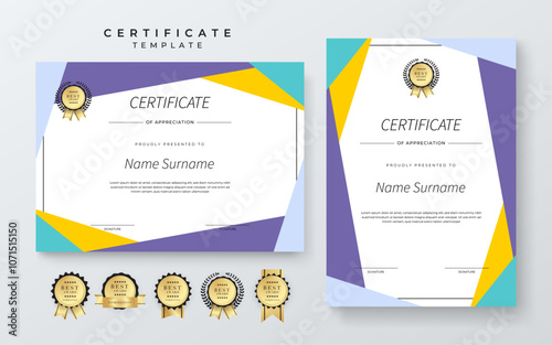 Colorful Certificate Design Template With Award Badges. Comes with award badges for a professional presentation of accomplishment and recognition