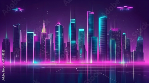 Futuristic neon cityscape with flying drones at night.