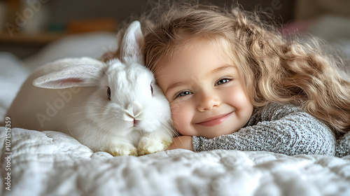 Smiling Girl With White Rab...