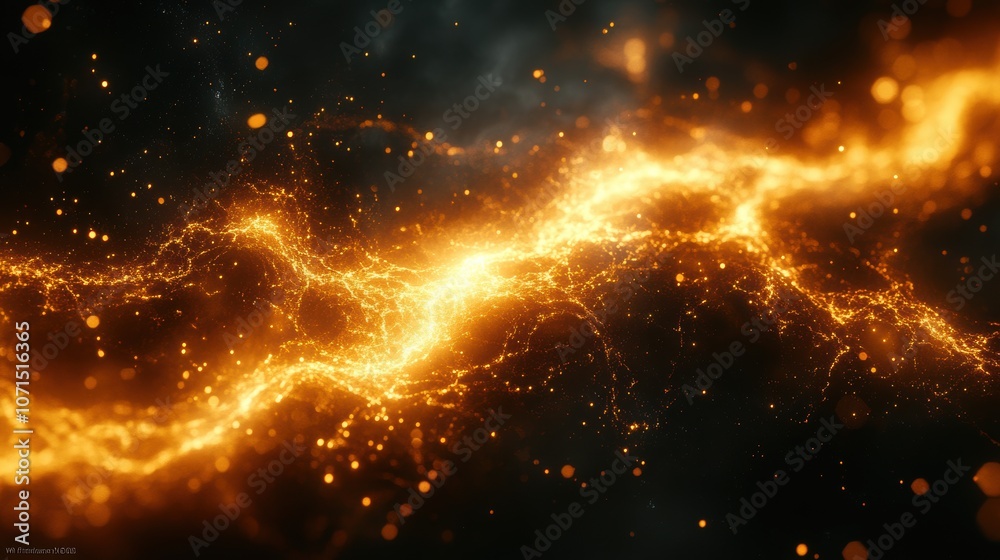 Fototapeta premium A bright orange line of sparks is shown in the dark background. Generative AI