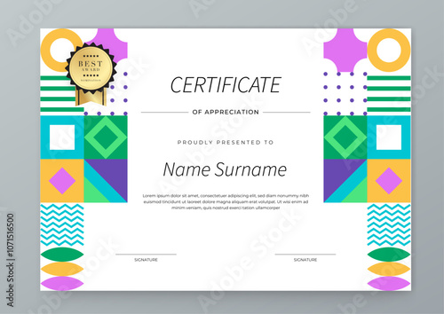 Colorful Certificate Template For Appreciation and Achievement. Features geometric shapes and award icons, perfect for professional or educational achievements