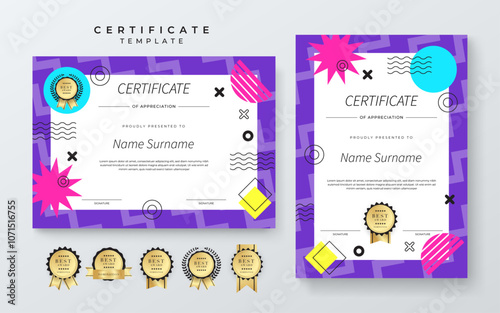 Colorful Certificate Template For Appreciation and Achievement. Features geometric shapes and award icons, perfect for professional or educational achievements