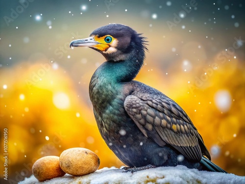 A black cormorant in winter snow, poised beside a potato. photo