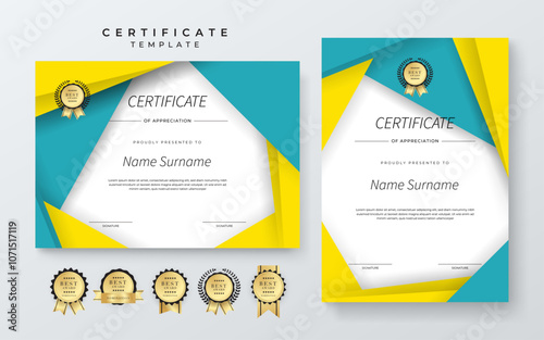 Colorful Certificate Design Template With Award Badges. Comes with award badges for a professional presentation of accomplishment and recognition