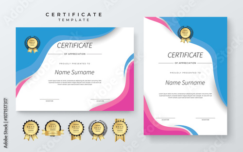 Modern Geometric Certificate Template With Award Badges. Professional certificate template featuring modern geometric design with abstract shapes