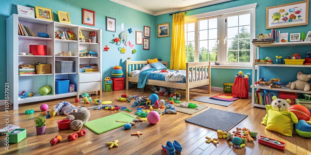 Fototapeta premium A chaotic explosion of toys, clothes, and books.