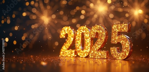 a golden number 2025 on a black background with fireworks