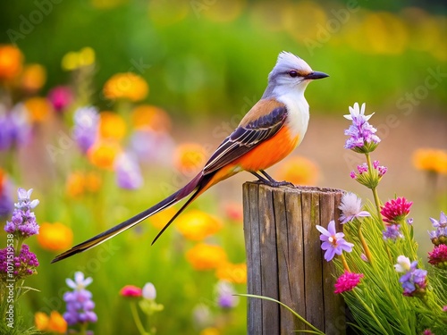 A scissor-tailed flycatcher perches on a fence, blurred background.