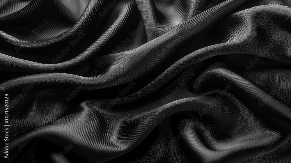 Fototapeta premium Black satin fabric, a luxurious, smooth, and shiny textile, creates elegant waves and curves for fashion, decoration, or backdrop use. Generative AI