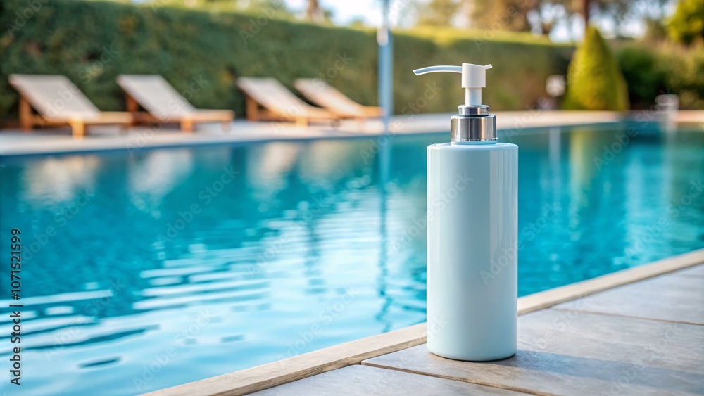 Naklejka premium A white pump bottle with a silvery top sits on a wood deck beside a swimming pool.
