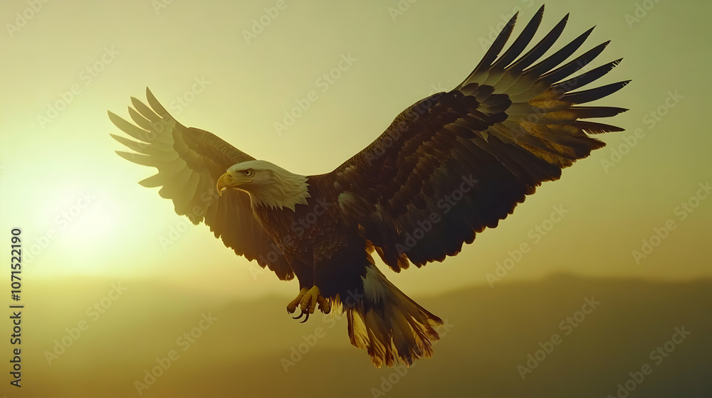 Fototapeta premium Realistic Illustration - Majestic Bald Eagle Soaring at Golden Hour