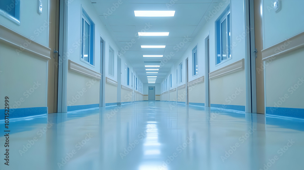 Fototapeta premium Photo Empty Hospital Corridor Clean Modern Interior Design
