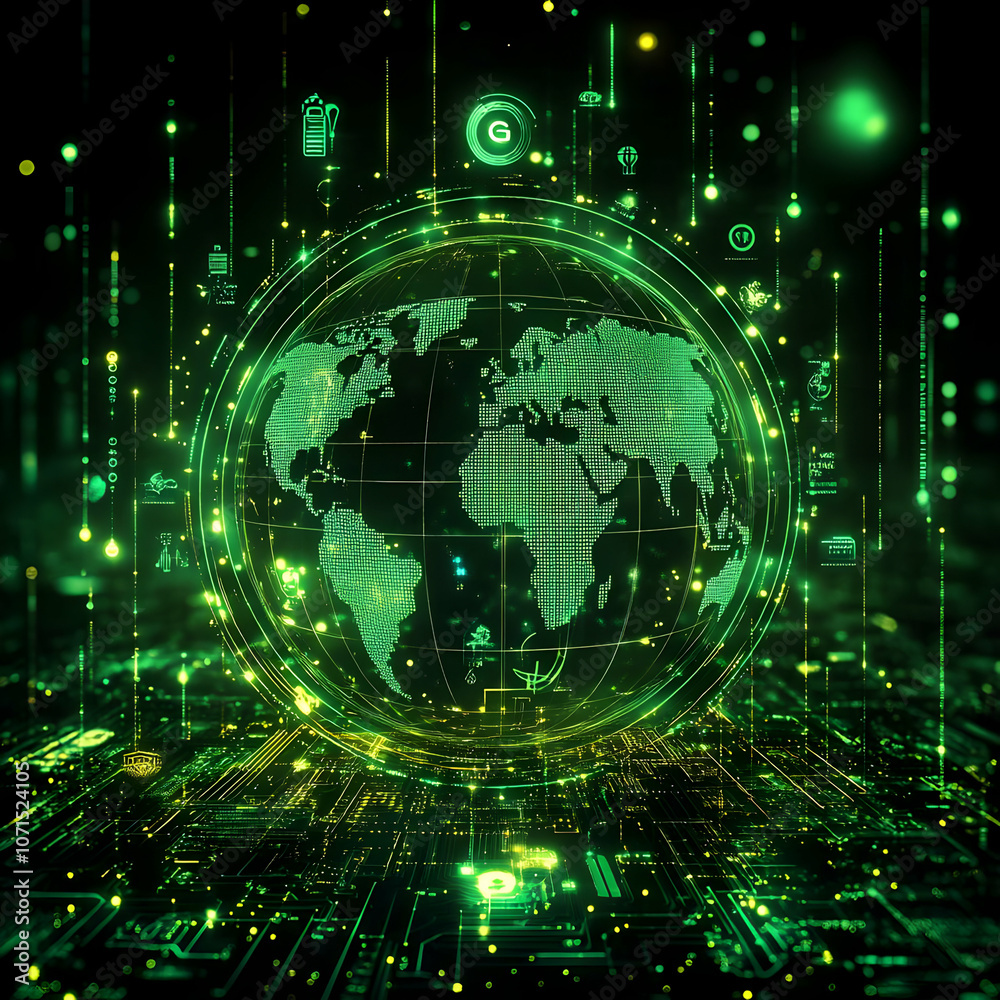 Obraz premium 3D Illustration Green Glowing Globe Data Network Technology