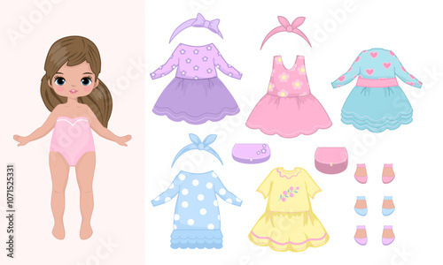 Paper doll clothes. Baby doll with dress. Cute girl clothes. Vector illustration isolated on white background. Clothes set, collection. Dress up, cutouts, game, play, toy for children.Printable