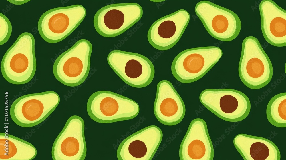 Avocado pattern in flat lay style, arranged on green background. Repetitive design for a healthy food concept. Avocado pattern in flat lay style, arranged on green background. Repetitive design for a healthy food concept.