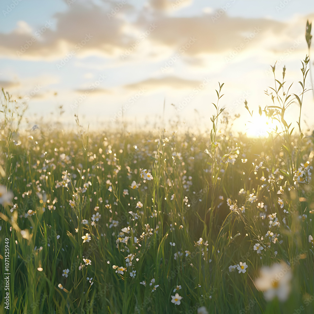 Obraz premium Realistic Image - Sunset Meadow Wildflowers Golden Hour Bloom