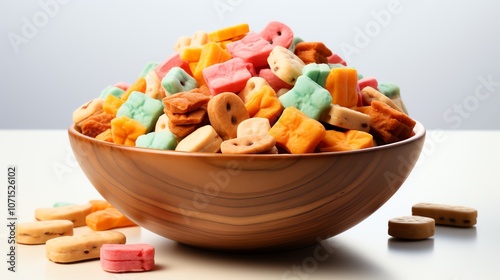 A wooden bowl filled with colorful, bite-sized snacks.