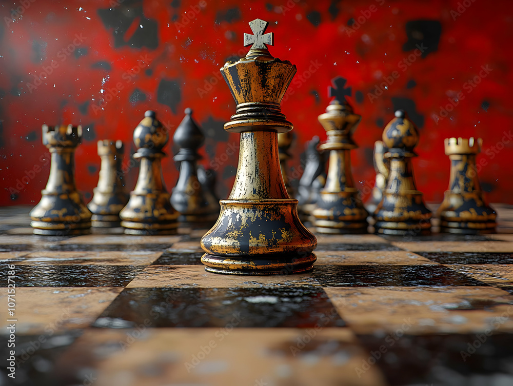Fototapeta premium 3D Render Golden King Chess Piece on Board