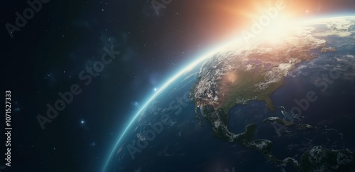 A view of the earth from space with the sun shining over it