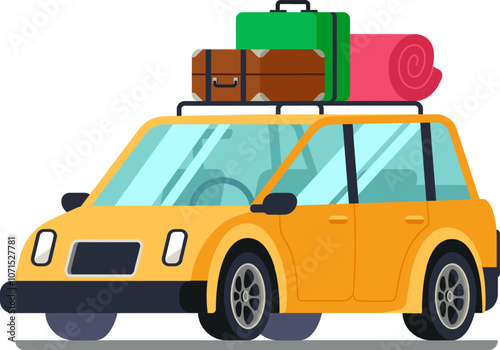 Yellow passenger car is carrying luggage and rolled blanket on its roof rack, preparing for an exciting road trip adventure