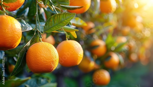 Orange garden in sunny day. Fresh ripe oranges hanging on trees in orange garden. 
