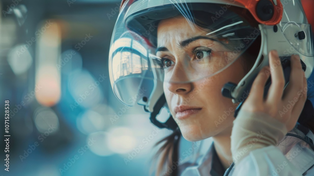 A woman in a helmet speaks on her cell phone, tears reflecting her concern, set against a pristine medical backdrop after an accident. A woman in a helmet speaks on her cell phone, tears reflecting her concern, set against a pristine medical backdrop after an accident.