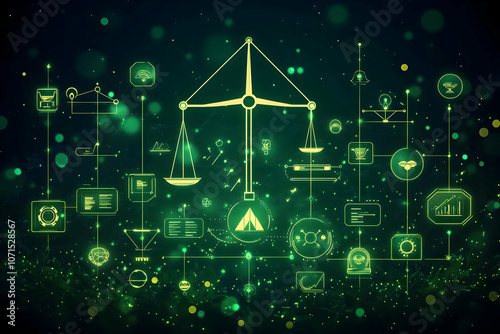 Illustration - Justice, Law, and Technology Concept with Scales and Icons photo