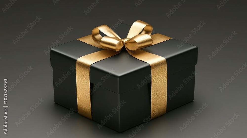 Obraz premium Elegant black gift box with gold ribbon, centered with space for text, symbolizing luxury and celebration.