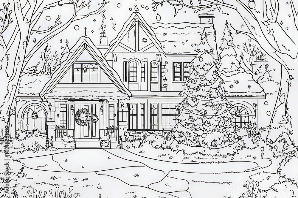 Obraz premium Sketchfor a coloring book, cozy Christmas English house at nighttime, with a lot of lighting candles and lights,