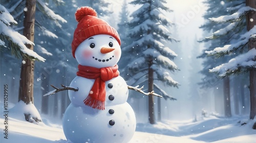 Sparkling Season: A Charming Snowman in Wintry Pines