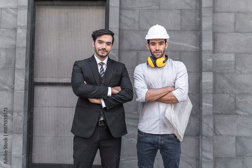 Project engineer and young businessman make high five for success business deal at outdoor office building project.