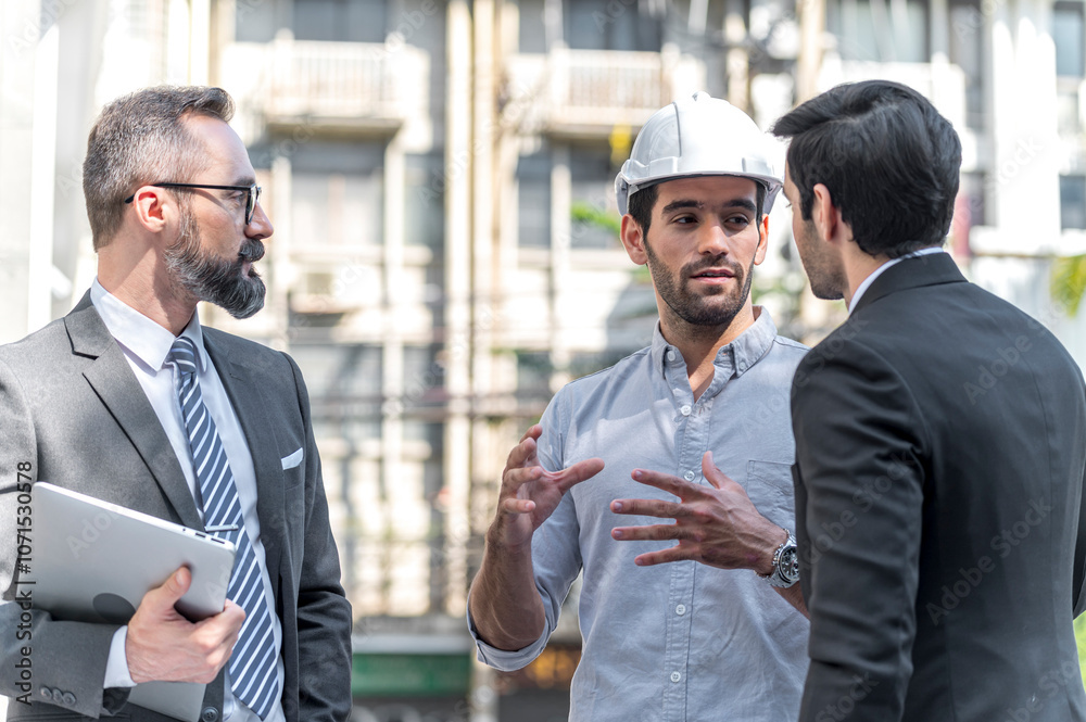 Two Businessman and power engineering talking and checking quality power solar cell with laptop computor on site new project power solution business