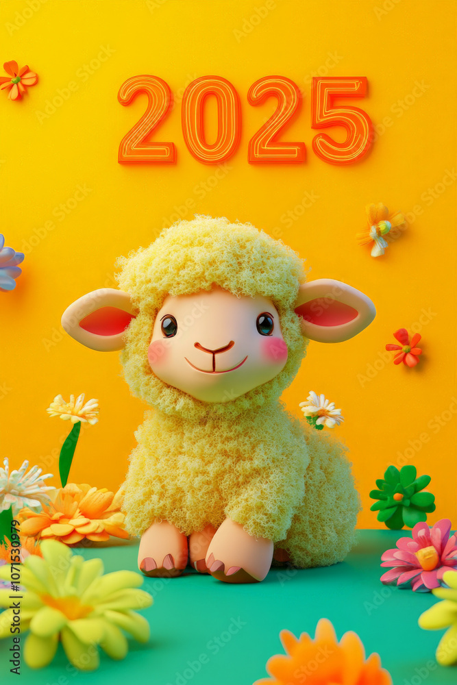 Naklejka premium New Year Cards: 2025-themed Cute Neon Background Baby Sheep Illustrations