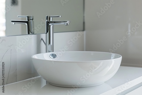 The simple elegance of a minimalist bathroom featuring a chic white basin and sleek silver faucet photo