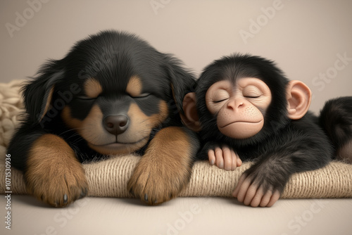 portrait of a puppy and a monkey