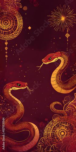 Gorgeous and luxurious gilded Chinese Year of the Snake print, wallpaper, commercial poster, poster, background, Chinese New Year, snake, year of the snake, 2025, zodiac, zodiac, gold