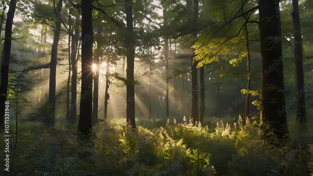 Obraz premium Dense forest filled with towering trees, showcasing vibrant foliage and a tranquil atmosphere