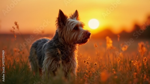 A dog standing in a field of tall grass at sunset