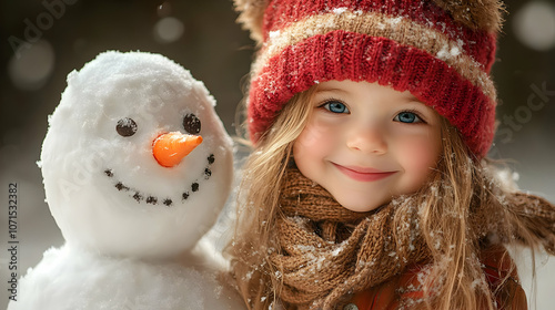 Smiling Girl with Snowman P...