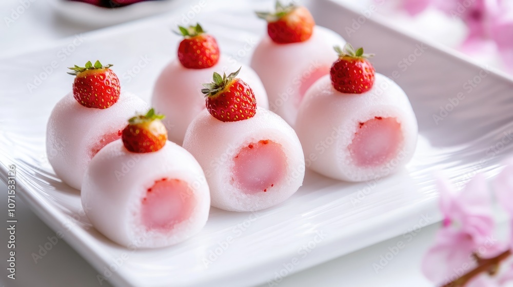 Strawberry Mochi on a White Plate