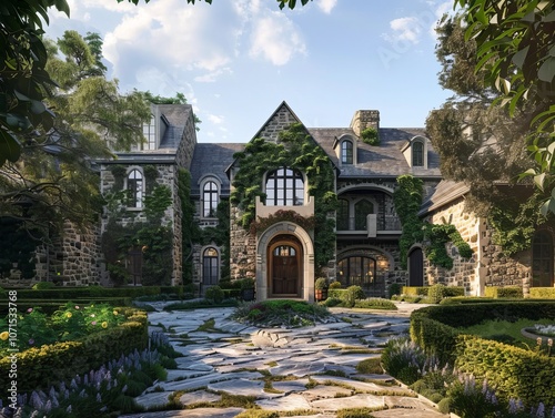 This image showcases a grand stone mansion with intricately landscaped gardens and a welcoming entrance