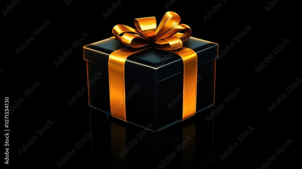 Obraz premium Luxurious black gift with golden ribbon, set against a minimal background with ample copy space.