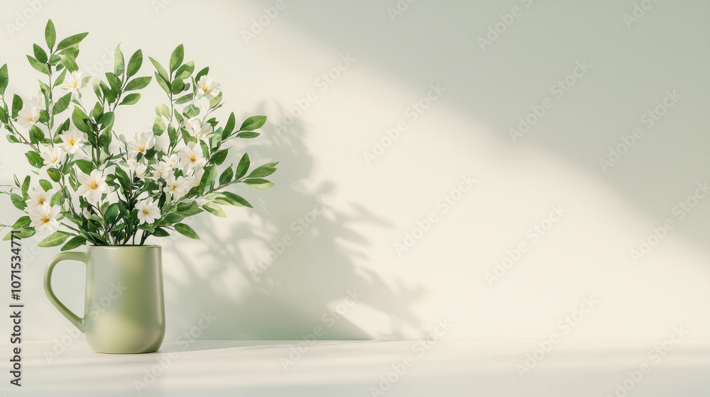 Fototapeta premium A serene green mug holds delicate flowers, casting gentle shadows on a minimalist background, evoking a tranquil atmosphere.
