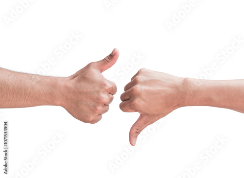male hands like and dislike symbol, isolated on white background